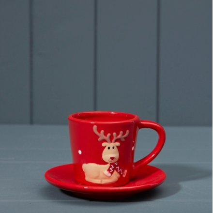 Reindeer Design Cup and Saucer Red, 9.8cm