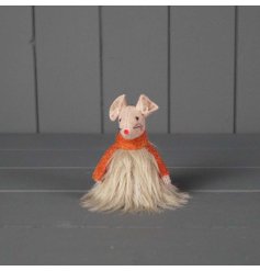 A standing mouse decoration wearing a faux fur skirt.