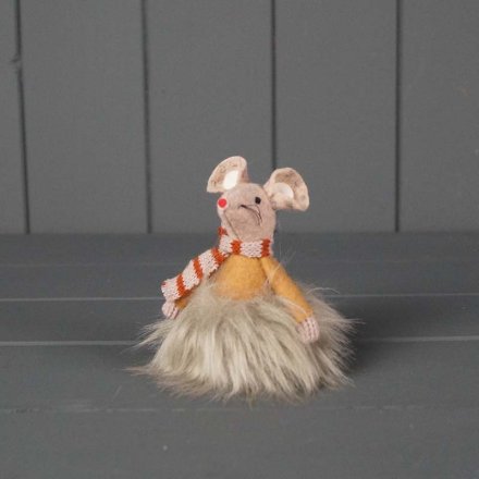 A standing mouse ornament featuring a striped scarf and a faux fur skirt.