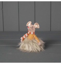 A standing mouse ornament featuring a striped scarf and a faux fur skirt.