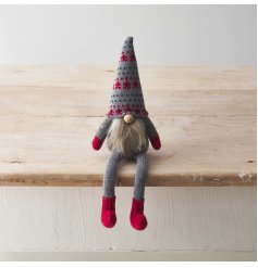 A charming gonk decoration with long dangly legs, fluffy beard and red & grey colour scheme. 