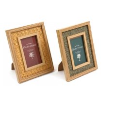 An assortment of 2 unique and stylish rattan photo frames in warm earthy colours with natural wood.
