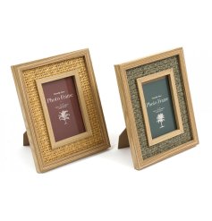 A mix of 2 stylish woven rattan photo frames in earthy yellow and blue hues. 