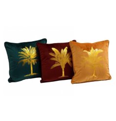 An assortment of 3 tropical palm cushion. Each is in a rich jewel colour with a gold palm. 