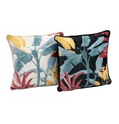 A mix of 2 cushions printed with a bold and beautiful tropical palm design. 