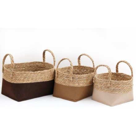 Rattan & Felt Storage Baskets, Set of 3