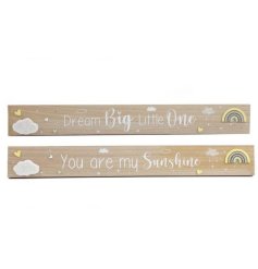 An assortment of 2 charming wooden signs with a 3D colour rainbow and textured cloud. 