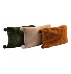 An assortment of 3 beautiful earth coloured cushions with pom poms. Each is in a luxurious and cosy faux fur finish. 