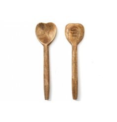 A 2 piece wooden spoon set featuring heart shaped design and "made with love" text. 
