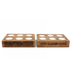 2 Assorted mango wood tea light holders each engraved with various text and with space for 6 tea lights. 