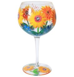 A bright, bold and beautiful hand painted glass with a sunflower design.