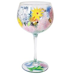 A beautifully detailed and unique hand painted glass featuring colourful alliums and bees.