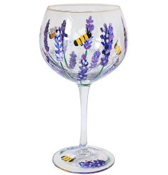 A stunning hand painted glass with a colourful bees and lavender design.