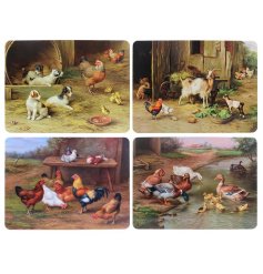 An assortment of 4 placemats each featuring a beautiful country scene from an Edgar Hunt painting. 