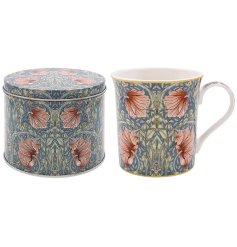 A ceramic mug and tin set featuring the beautiful William Morris 'pimpernel' pattern print.