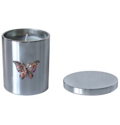A unique silver candle with a jewelled butterfly detail. A stunning gift item with gift box.