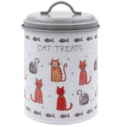 A storage tin with "cat treats" text and various cute cat illustrations with a fish pattern border. 