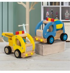 A retro wooden construction toy in two assorted colours.