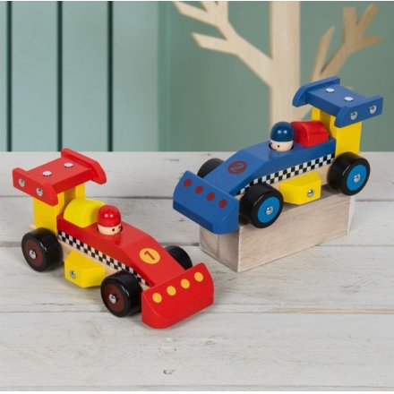 Wooden toy racing cars in two assorted vibrant colours.