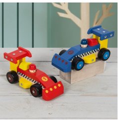 Wooden toy racing cars in two assorted vibrant colours.