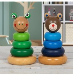 A traditional wooden stacking toy in the form of a colourful frog and bear.