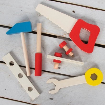 A children's wooden toy tool set. A lovely gift to develop a child's motoring skills.