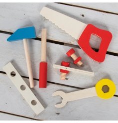 A children's wooden toy tool set. A lovely gift to develop a child's motoring skills.