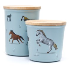 set of 2 reusable storage jars made from recycled plastic and bamboo in a horse design