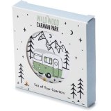 set of 4 caravan coasters made from cork each topped with a different camper design