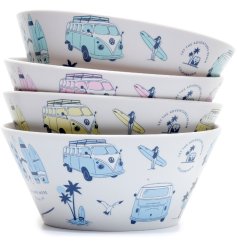 A set of 4 picnic bowls, decorated in a colourful Volkswagen coastal design.