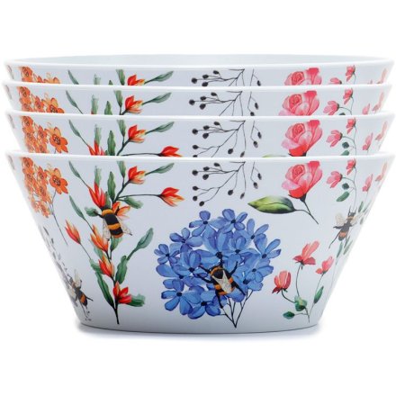 Set of 4 Floral Plastic Bowls, Nectar Meadows 14.5cm