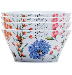 A set of 4 floral decorated picnic bowls made from recycled plastic