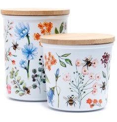 set of 2 storage jars with a floral print design made from recycled plastic