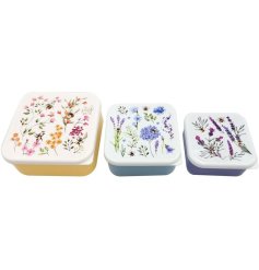 A set of three snack pots in the Nectar Meadows Bee design. Each fit inside one another for storage.