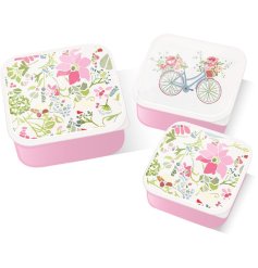 A set of three snack pots in Julie Dodsworth Pink Botanical design. Each fit inside one another for storage.