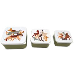A set of three snack pots in the Barks dog design. Each fit inside one another for storage.