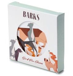 Set of 4 cork backed coasters illustrated with the dog Barks range.