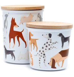 A set of 2 recycled plastic storage jars with bamboo lids and dog illustrations. 