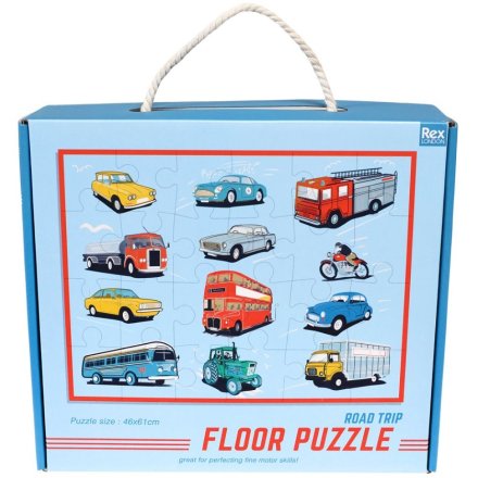 A transport themed floor puzzle in a gift box from the Road Trip range.