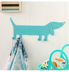 A simple teal clothes hook in the cut out shape of an adorable sausage dog.