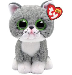 A cute grey cat beanie boo named Fergus featuring big green eyes and pink detailing. 