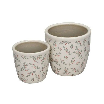 Red Berry Stoneware Planters, Set of 2