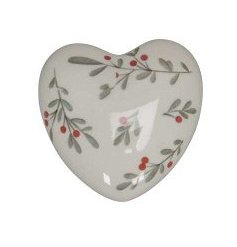 A chic heart shaped decoration with a glossy finish and traditional red berry foliage design. 
