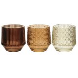 A mix of 3 cut glass t-light holders with classic patterns. Each has beautifully coloured glass in brown, gold and honey