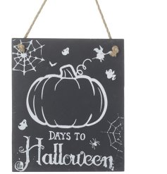 Countdown the days until halloween with this seasonal chalkboard with jute hanger.