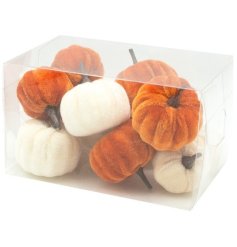 A set of 12 unique velvet pumpkins in burnt orange and white colours