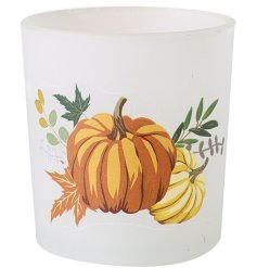 A chic opaque glass candle holder with a charming autumnal pumpkin motif.