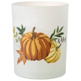 An opaque glass candle holder with a stylish autumnal pumpkin motif. 