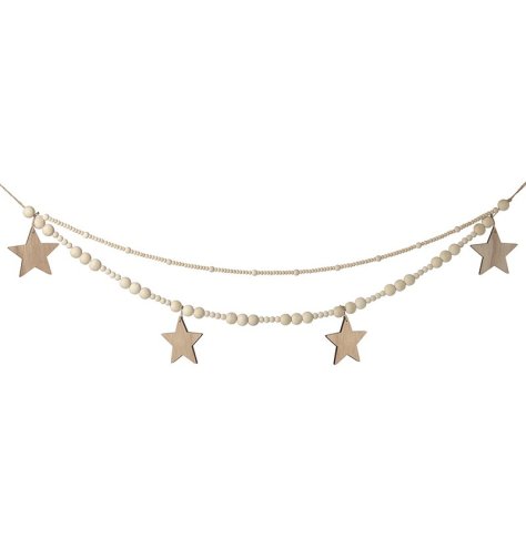 A chic, boho style wooden garland with beads and stars. A must have seasonal decoration for the style savvy.