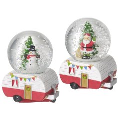 Colourful and unique Caravan Snow Globes featuring Christmas characters. A unique and fun novelty gift.